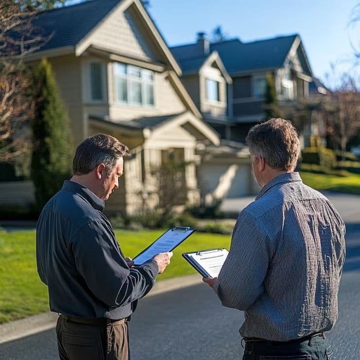 Property owners discussing a home insurance inspection.