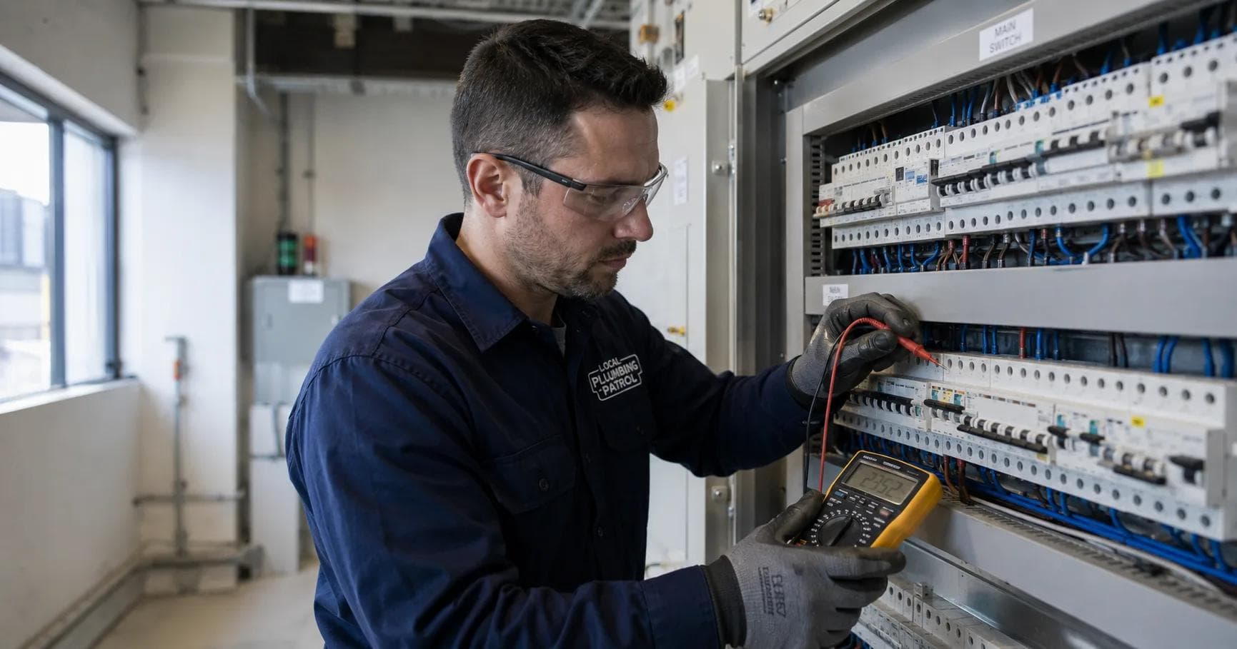 Licensed electrician performing RCD testing on a commercial switchboard in Sydney