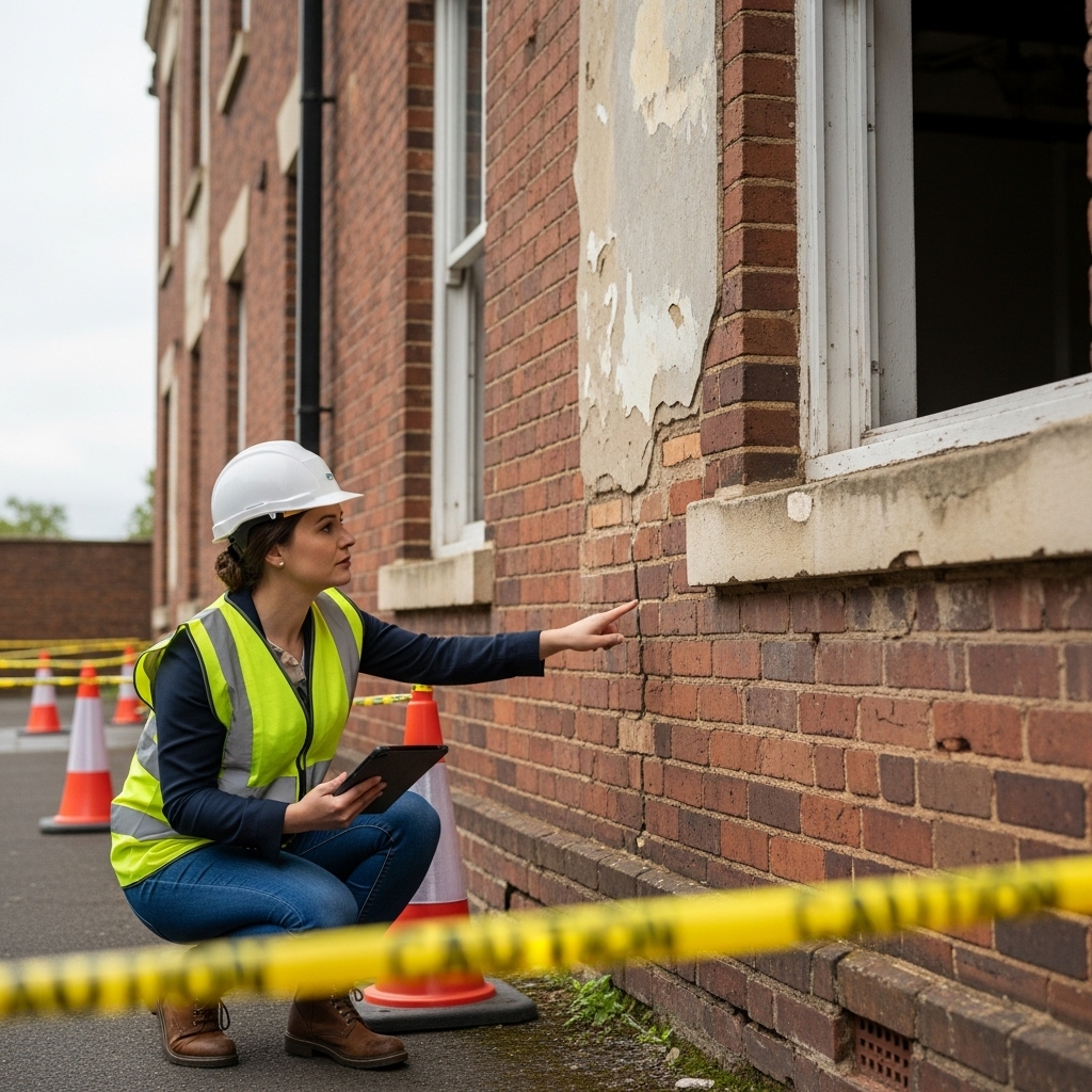 Professional building inspector documenting structural damage and deterioration for dilapidation report in Sydney