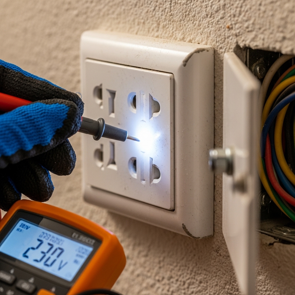 Professional electrical safety testing with digital multimeter on GPO outlet showing 230V reading
