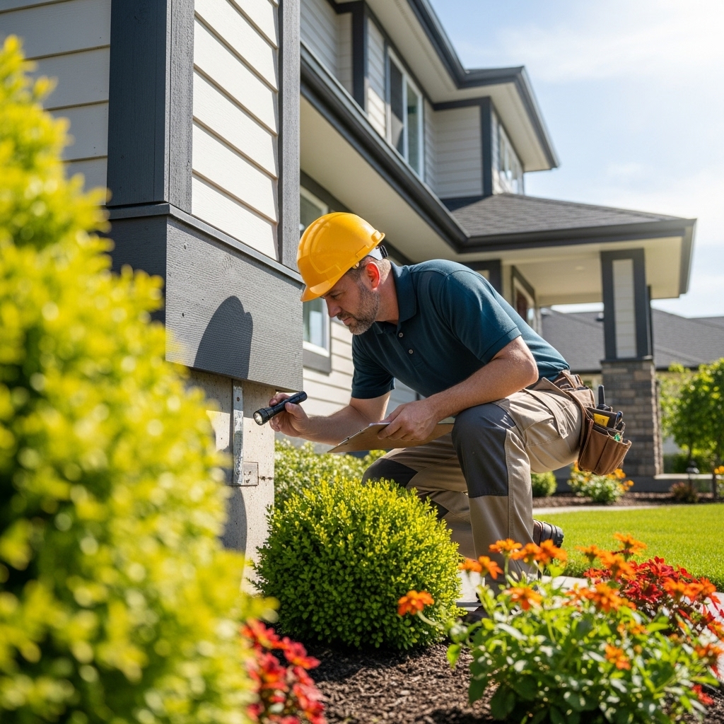 Property inspector examining the exterior of a house with a tablet