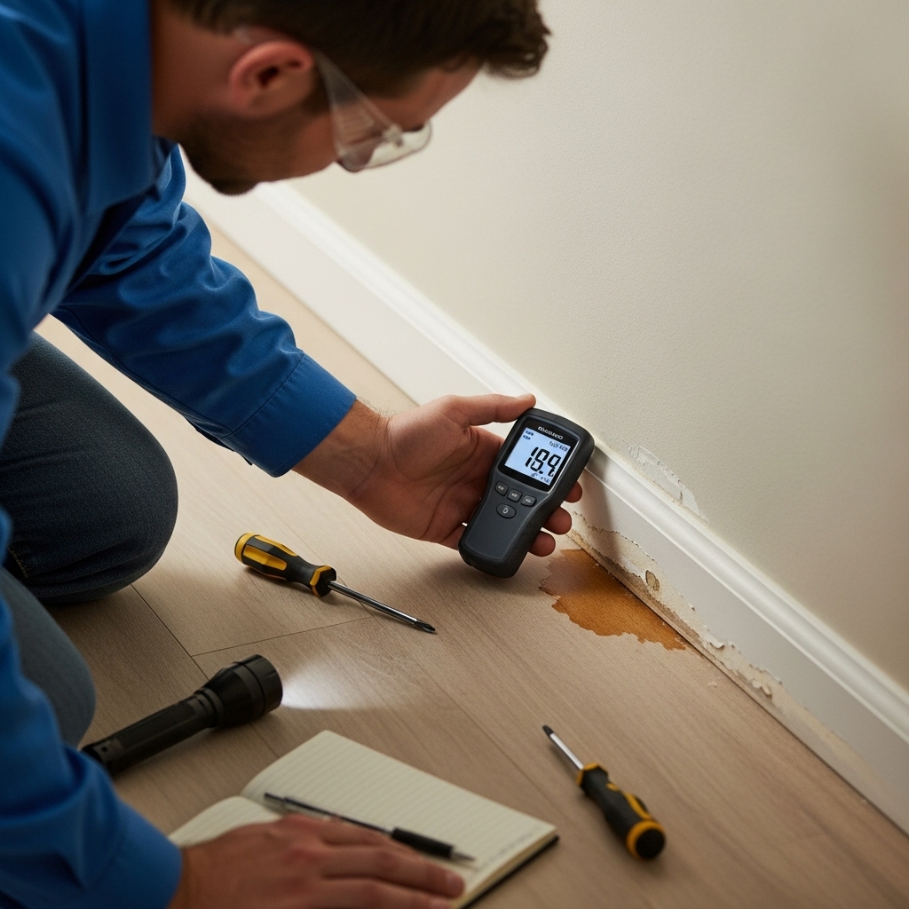 Professional building inspector using digital moisture meter to detect water damage and moisture levels in Sydney property