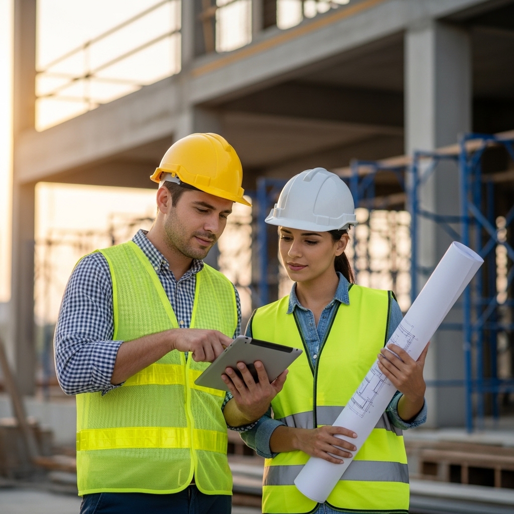 Professional building inspectors reviewing construction plans and conducting commercial building inspection at Sydney construction site