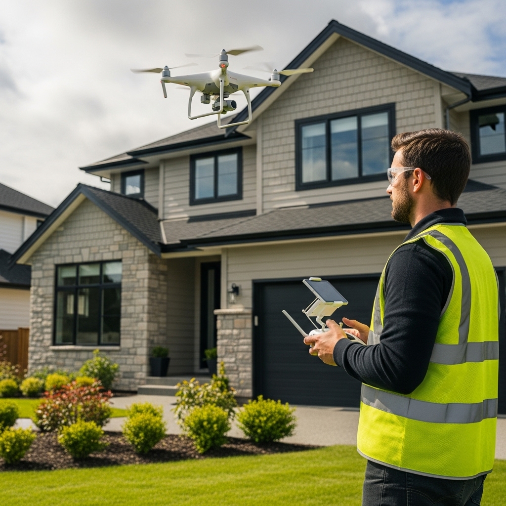 Professional drone operator conducting roof inspection with 4K camera drone above residential property in Sydney
