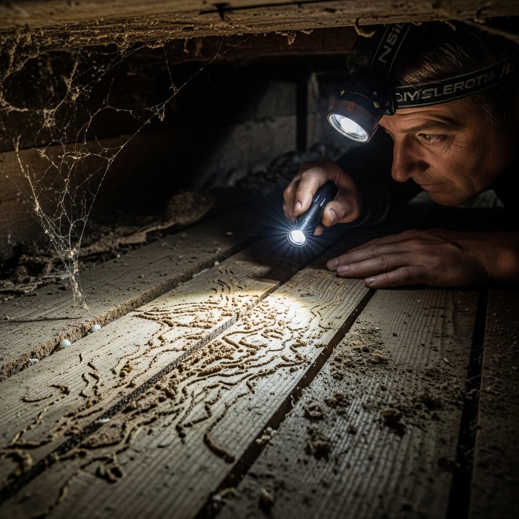 Professional termite inspector examining termite damage patterns and tunnels in timber using flashlight and headlamp in Sydney property
