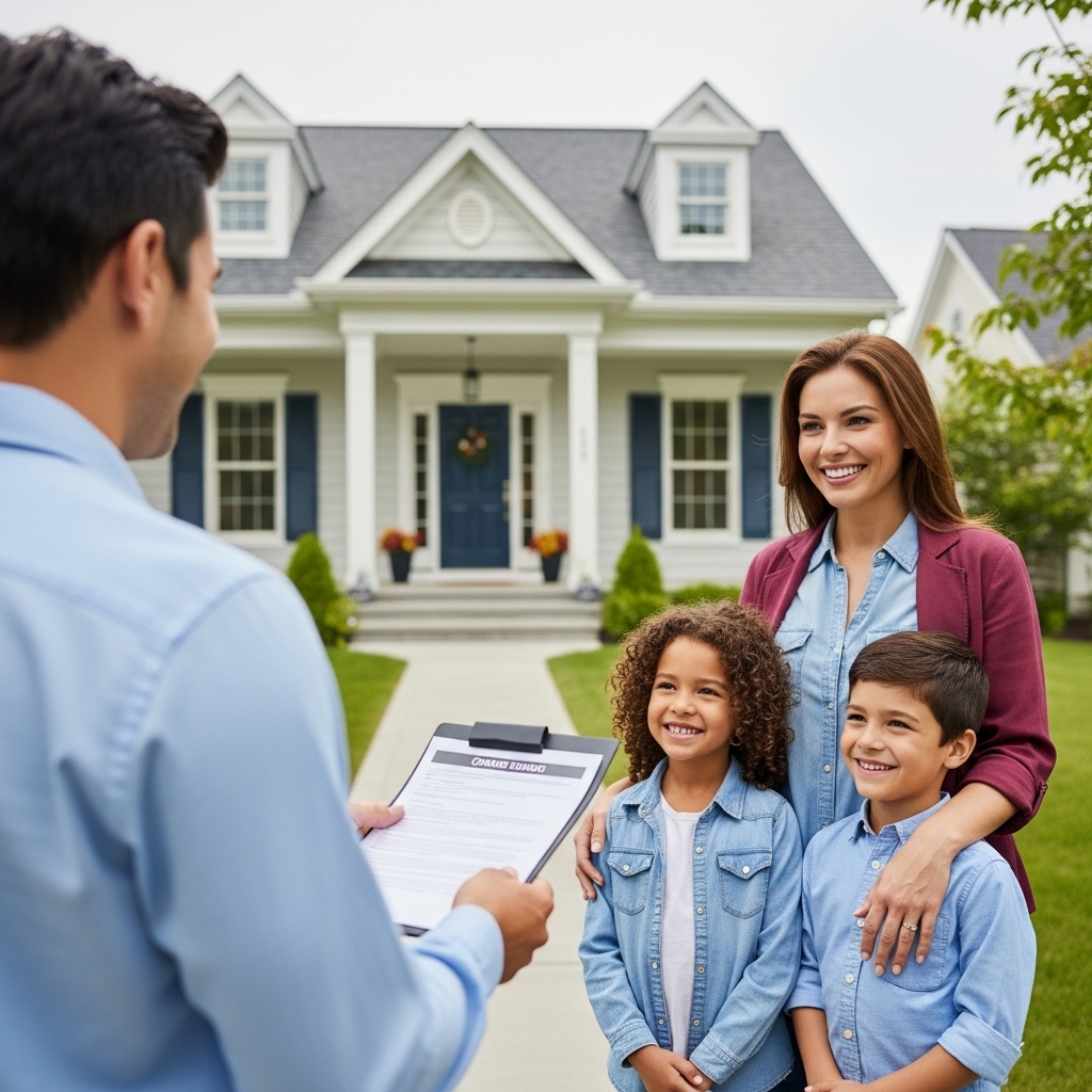Professional property inspector conducting rental condition report with happy family outside beautiful Sydney home