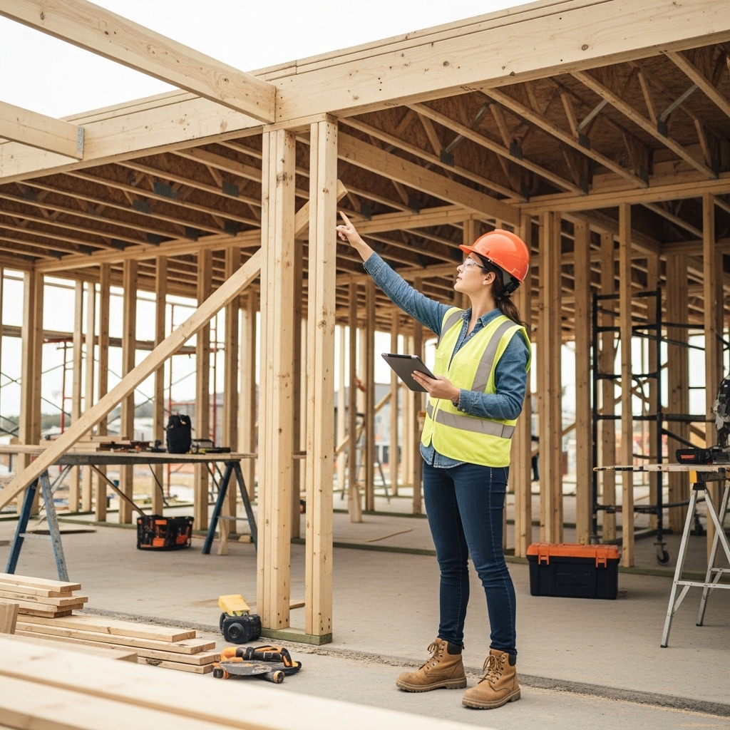 Professional building inspector conducting stage inspection of construction framing with tablet documentation in Sydney